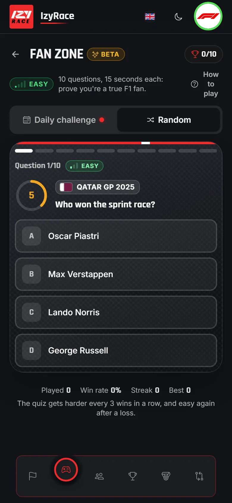 Fan Zone game: an F1 quiz question with 4 answers and a timer