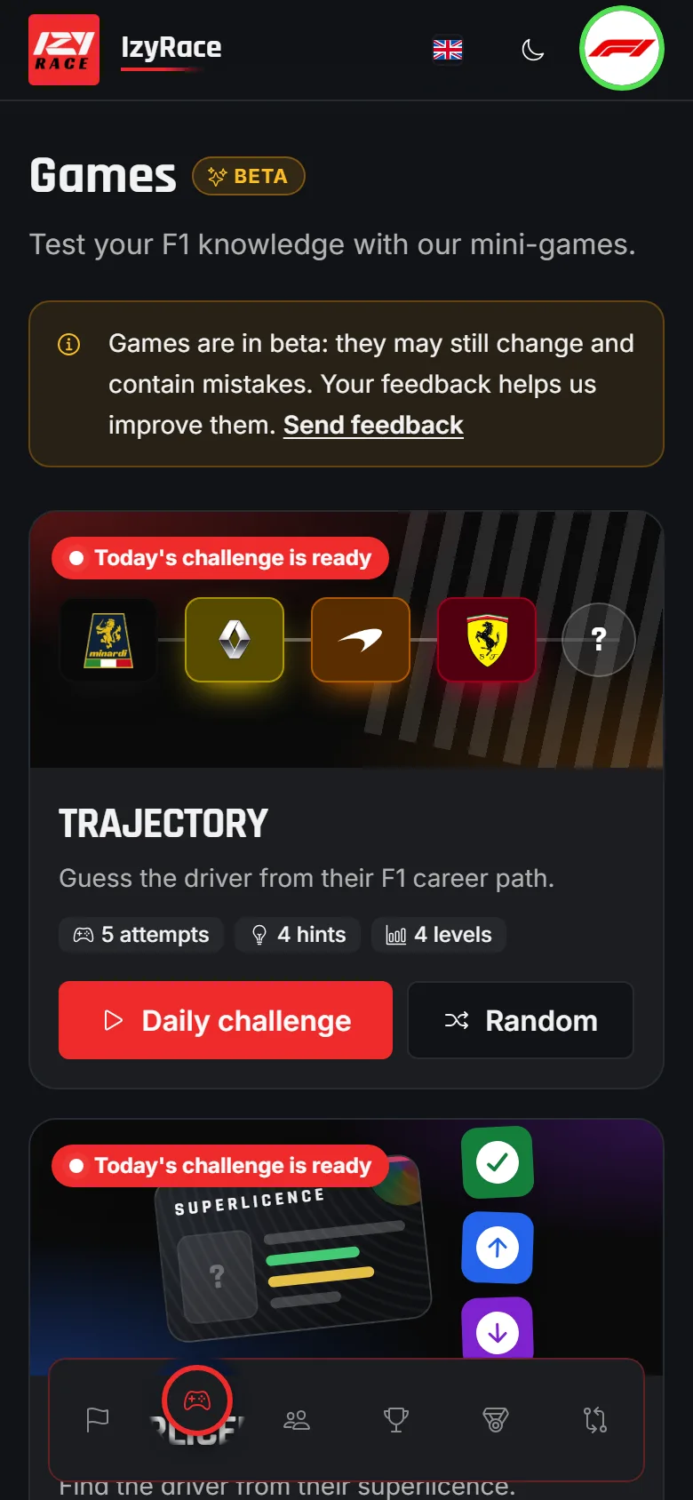 IzyRace F1 mini-games page: Trajectory, Superlicence and Grid