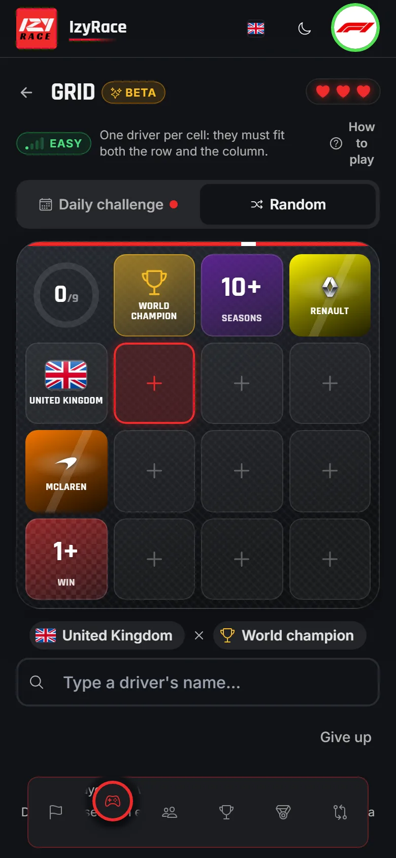 Grid game: a 9-cell grid to fill with F1 drivers