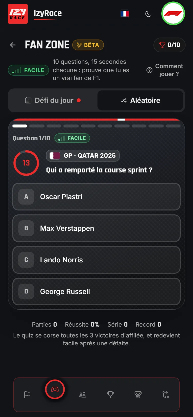 Jeu Fan Zone : une question de quiz F1 avec 4 réponses et un chrono