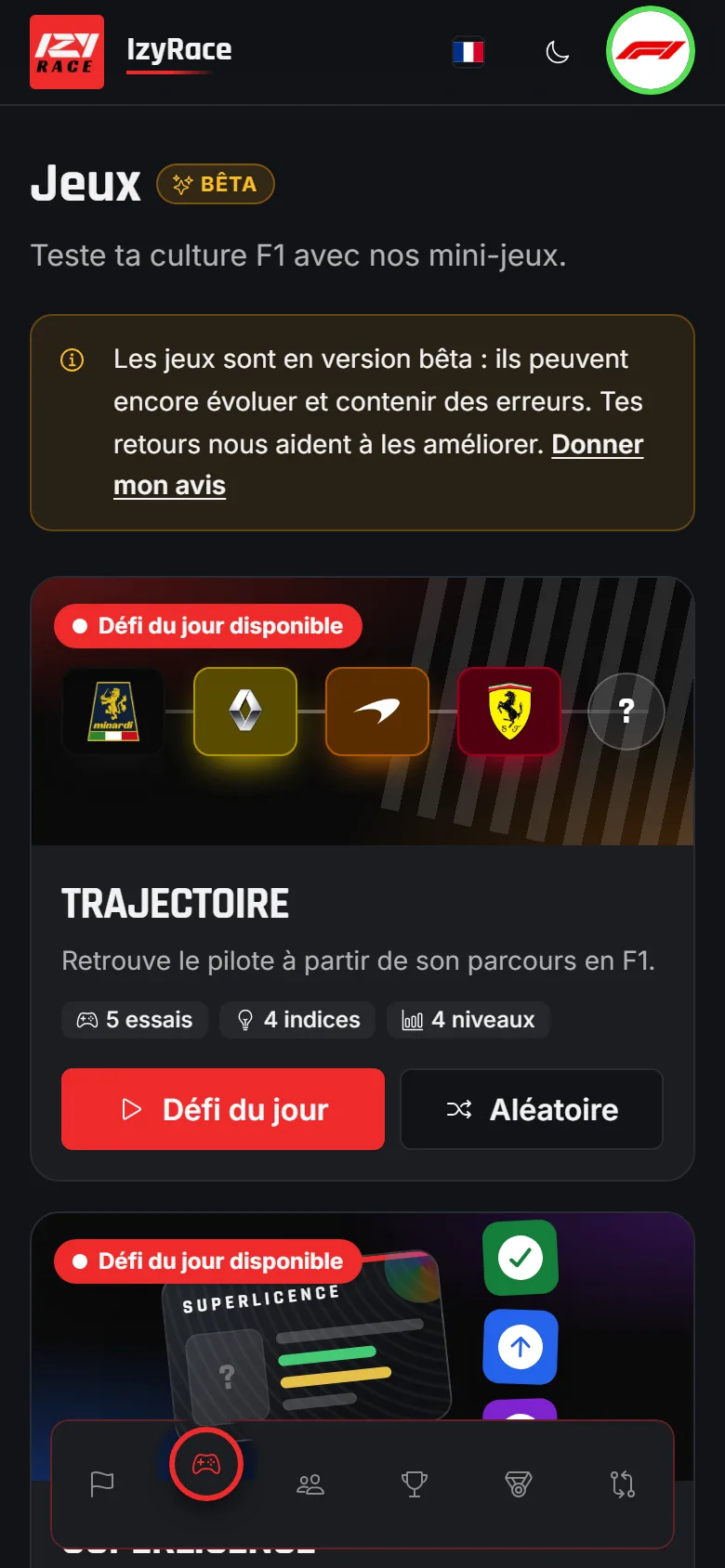 Page des mini-jeux F1 d'IzyRace : Trajectoire, Superlicence, Grille et Fan Zone