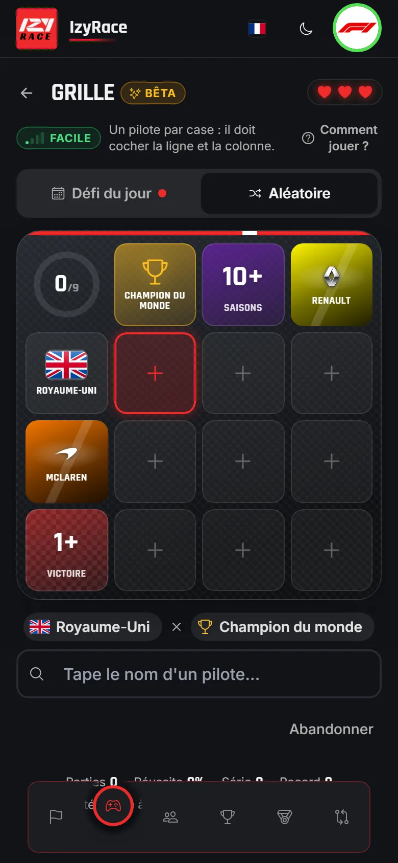 Jeu Grille : une grille de 9 cases à remplir avec des pilotes de F1