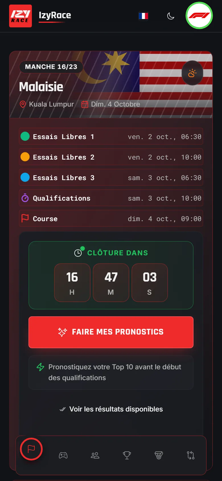 Écran d'accueil d'IzyRace : prochain Grand Prix et calendrier de la saison de F1