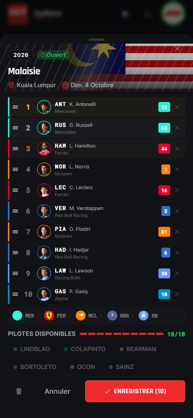 Écran de pronostic IzyRace : choix du top 10 d'un Grand Prix de F1