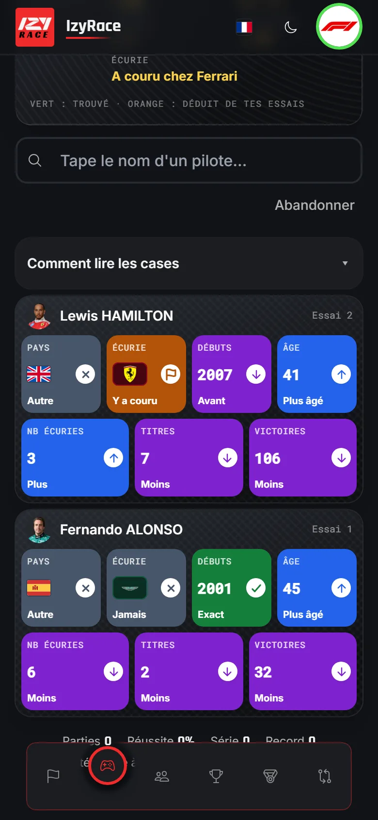 Jeu Superlicence : comparer des pilotes de F1 sur 7 critères pour trouver le pilote mystère