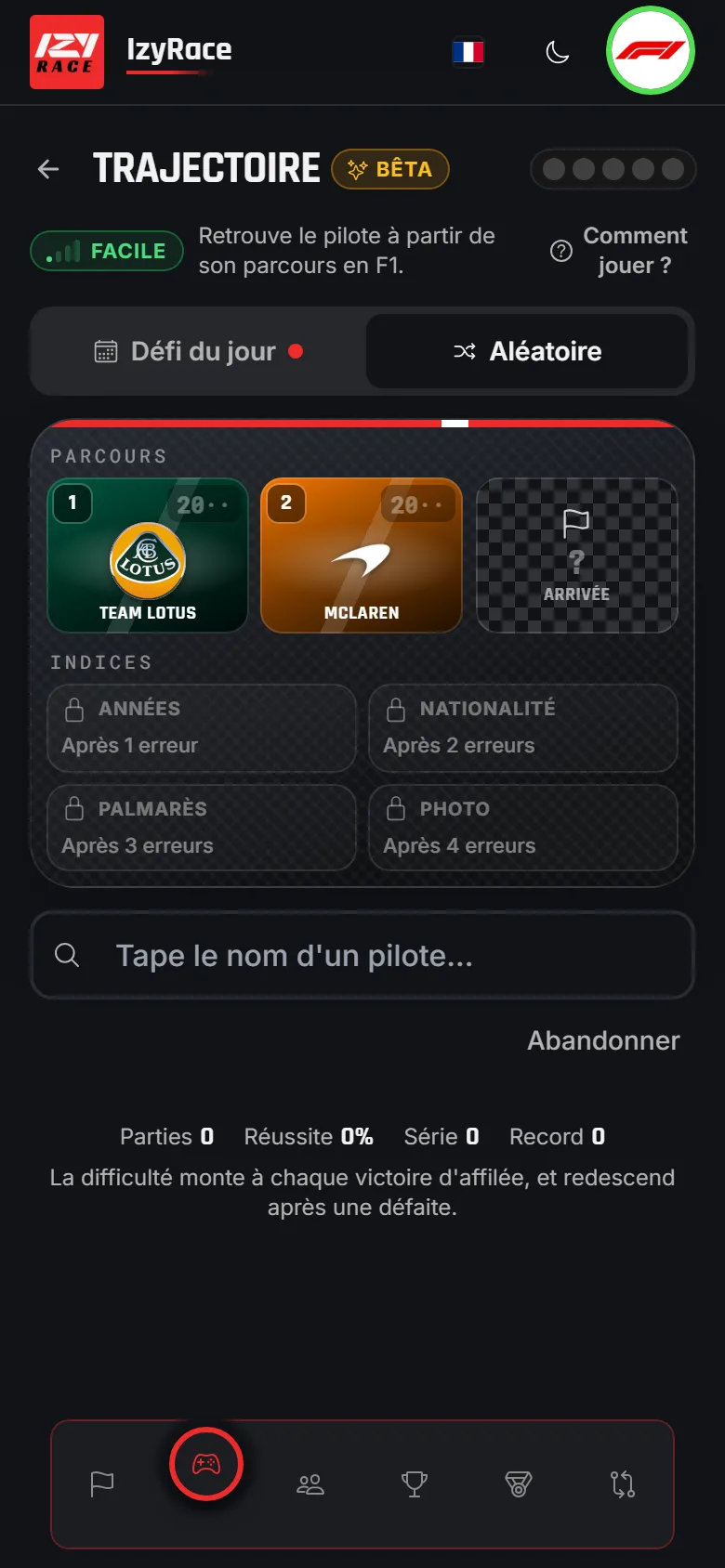 Jeu Trajectoire : retrouver un pilote de F1 à partir des écuries de sa carrière