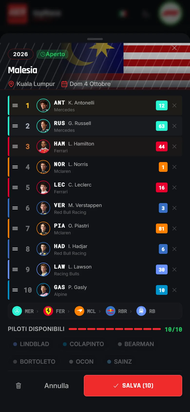 Schermata di pronostico di IzyRace: scelta della top 10 di un Gran Premio di F1